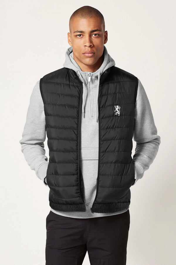 Elo The Burnt Soul Men's Embroidered Sleeveless Puffer Gilet Black Leo