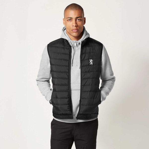 elo The Burnt Soul Men's Embroidered Sleeveless Puffer Gilet Black Leo