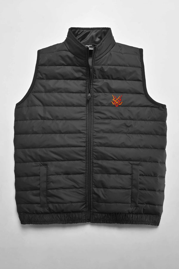 Elo The Burnt Soul Men's Flame Crest Embroidered Sleeveless Puffer Gilet Black