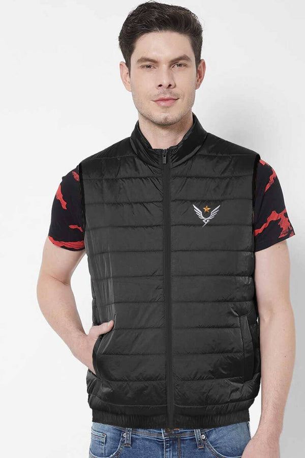 Elo The Burnt Soul Men's French Wings Embroidered Sleeveless Puffer Gilet Black