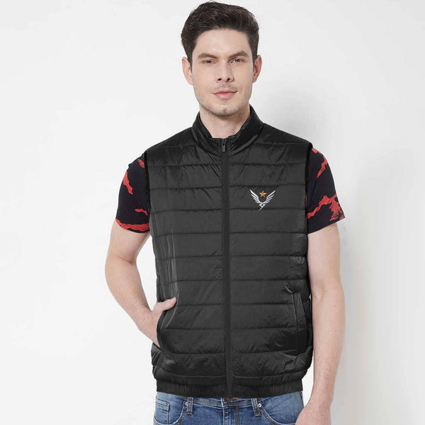 elo The Burnt Soul Men's French Wings Embroidered Sleeveless Puffer Gilet Black