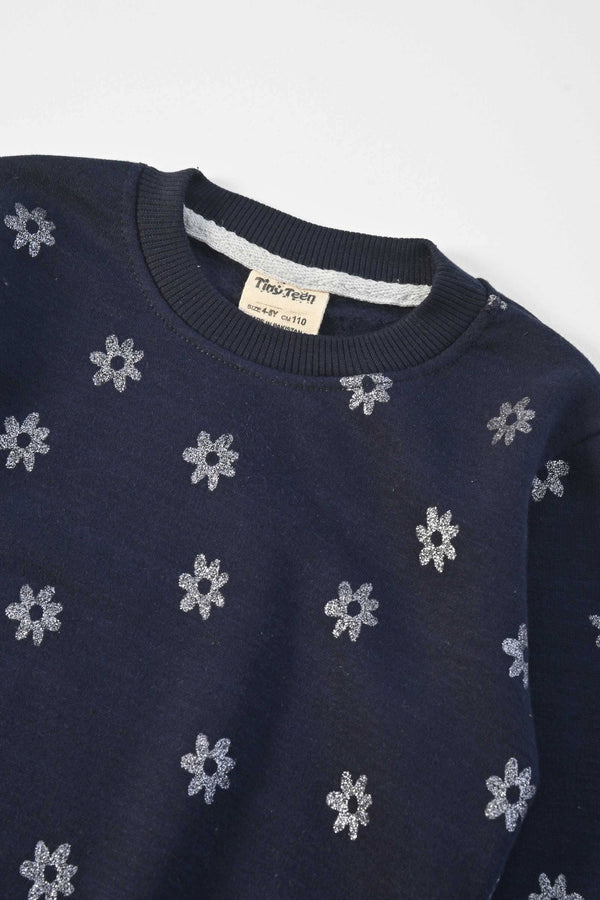 Elo Tiny Teen Girl's Glitter Printed Fleece Sweat Shirt Navy
