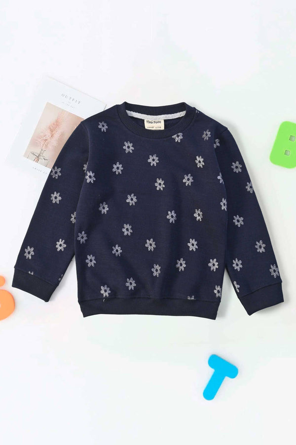 elo Tiny Teen Girl's Glitter Printed Fleece Sweat Shirt Navy