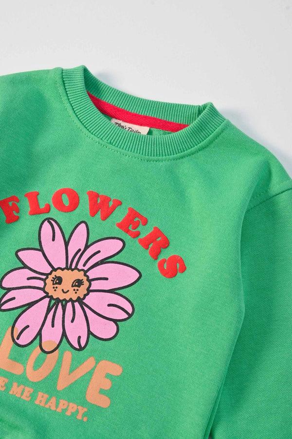 Elo Tiny Teen Kid's Flowers & Love Printed Fleece Sweat Shirt Green