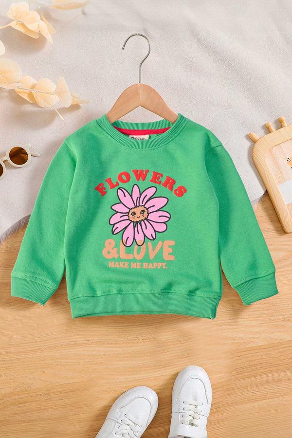 elo Tiny Teen Kid's Flowers & Love Printed Fleece Sweat Shirt Green
