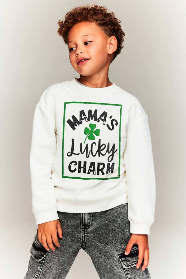 elo Tiny Teen Kid's Mama's Lucky Charm Printed Fleece Sweat Shirt White