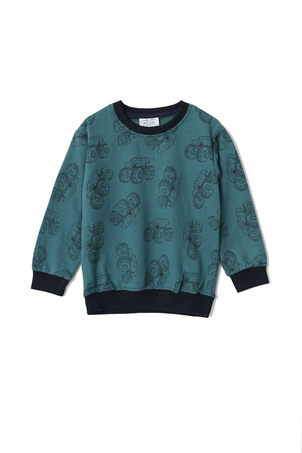 elo Tiny Teen Kid's Monster Truck Printed Terry Sweat Shirt Teal