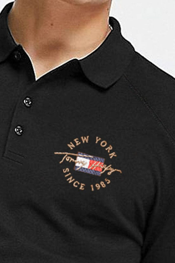Elo Tommy Hilfiger Men's New York Embroidered Long Sleeve Fleece Polo Sweat Shirt Black