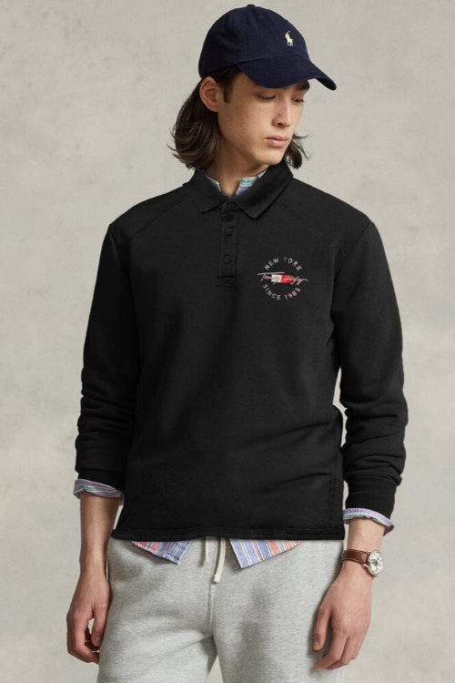 elo Tommy Hilfiger Men's New York Embroidered Long Sleeve Fleece Polo Sweat Shirt Black