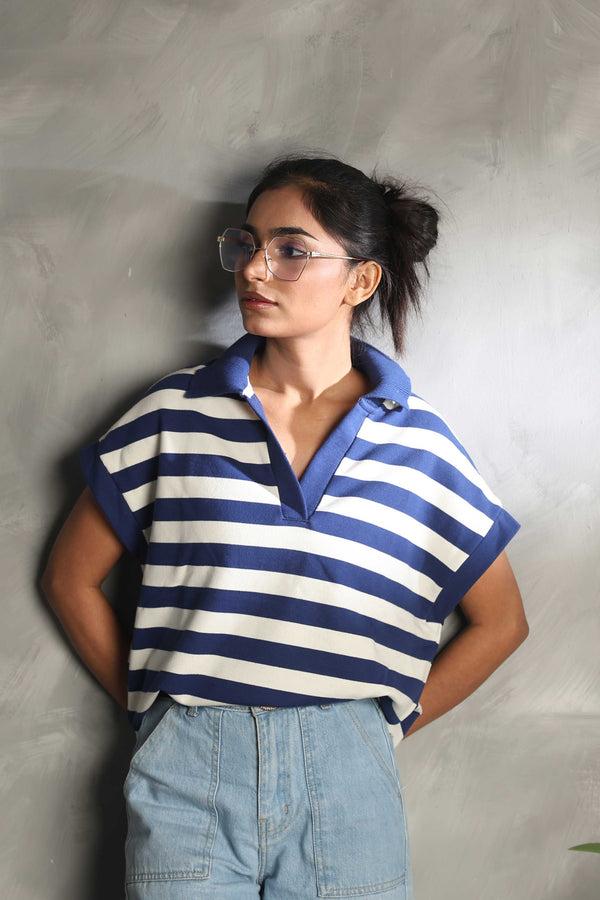 Elo TU Women's Sleeveless Terry Sweater White & Royal