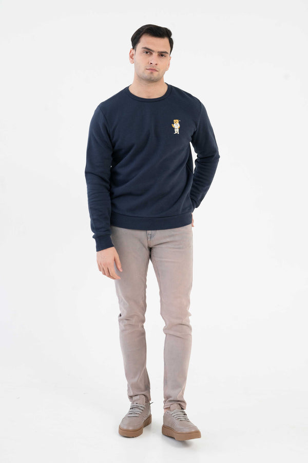 Elo Tuman Men's Bear Embroidered Fleece Sweat Shirt Navy