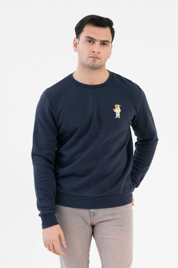 elo Tuman Men's Bear Embroidered Fleece Sweat Shirt Navy
