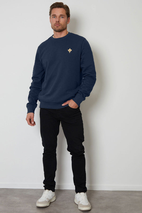 Elo Tuman Men's Maple Leaf Embroidered Fleece Sweat Shirt Navy