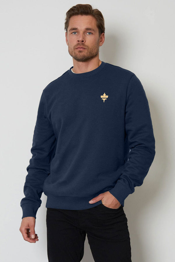 elo Tuman Men's Maple Leaf Embroidered Fleece Sweat Shirt Navy