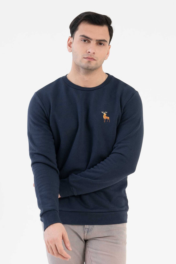 Elo Tuman Men's Moose Embroidered Fleece Sweat Shirt Navy