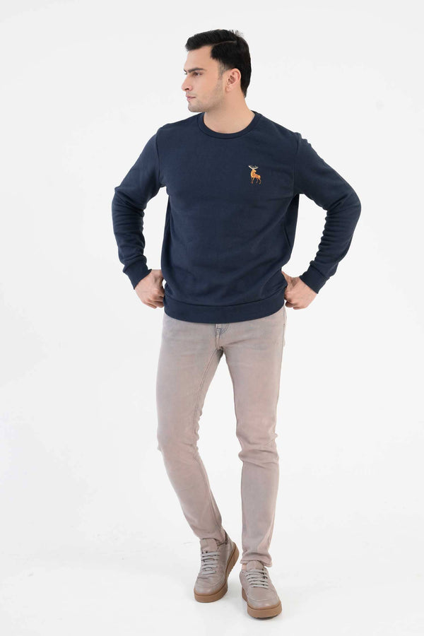 Elo Tuman Men's Moose Embroidered Fleece Sweat Shirt Navy