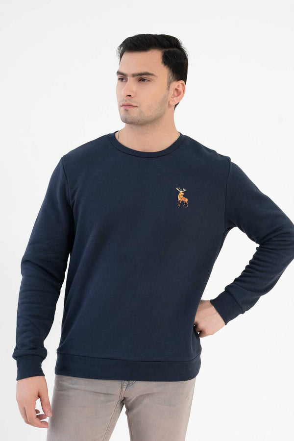 elo Tuman Men's Moose Embroidered Fleece Sweat Shirt Navy