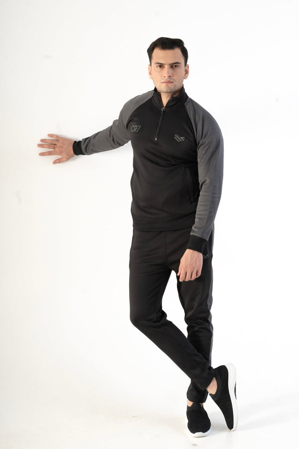 Elo Urban Vogue Men's CR7 Quarter Zipper Fleece Tracksuit Black & Maroon