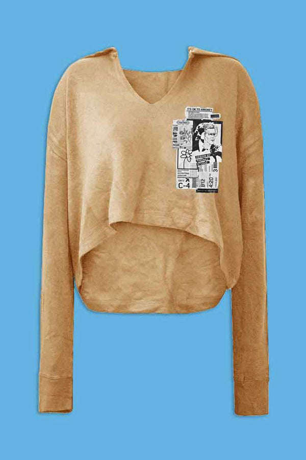 Elo Women's Amorey Studio Printed Crop Top Oversized Fleece Pullover Hoodie Camel