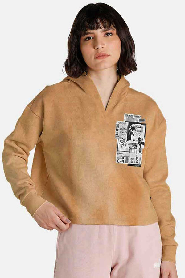 elo Women's Amorey Studio Printed Crop Top Oversized Fleece Pullover Hoodie Camel