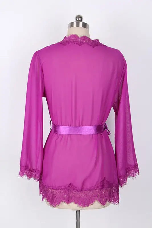 Elo Women's Bathrobe Mesh Eyelashes Lace Sexy Pajama Underwear Night Gown Pink