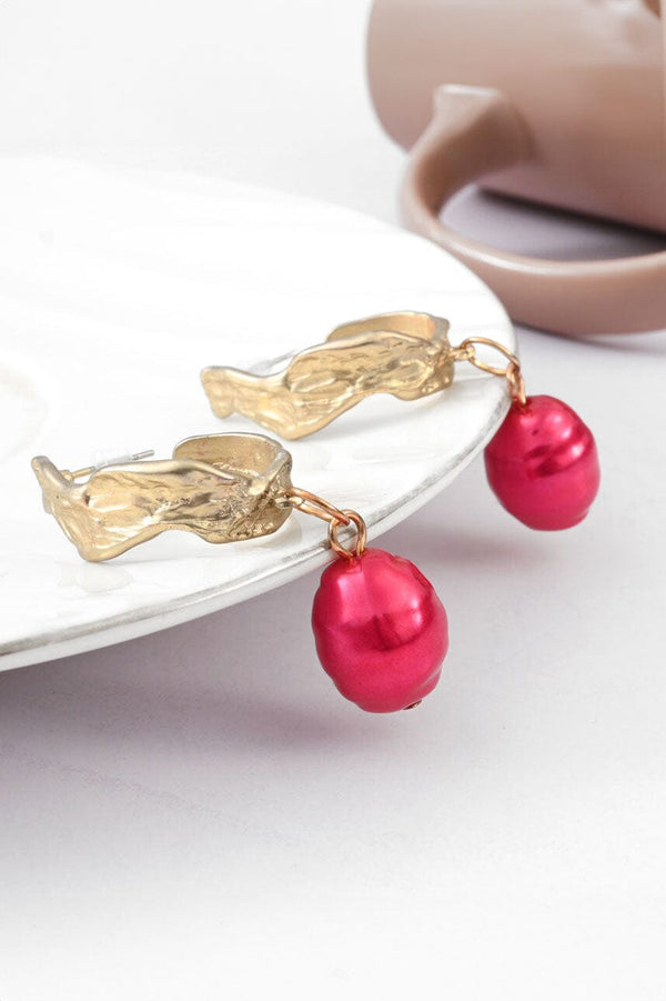 Elo Women's Brass Red Pearl Design Earrings Golden & Red