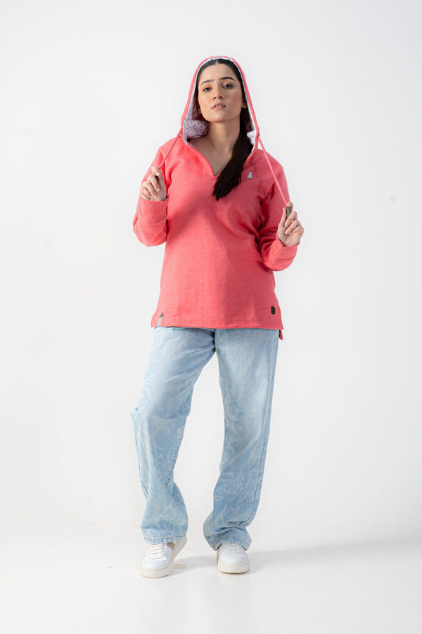 Elo Women's Coral Hoodie With Drawstring And Embroidered Logo Coral Red