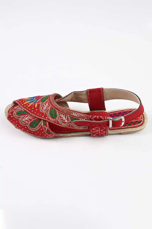 Elo Women's Craiova Embroidered Design Peshawri Chappal Red