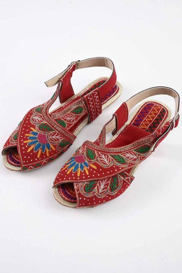 elo Women's Craiova Embroidered Design Peshawri Chappal Red