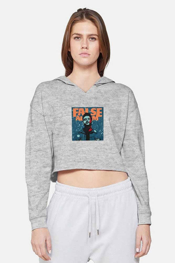 elo Women's False Alarm Printed Crop Top Oversized Fleece Pullover Hoodie Heather Grey
