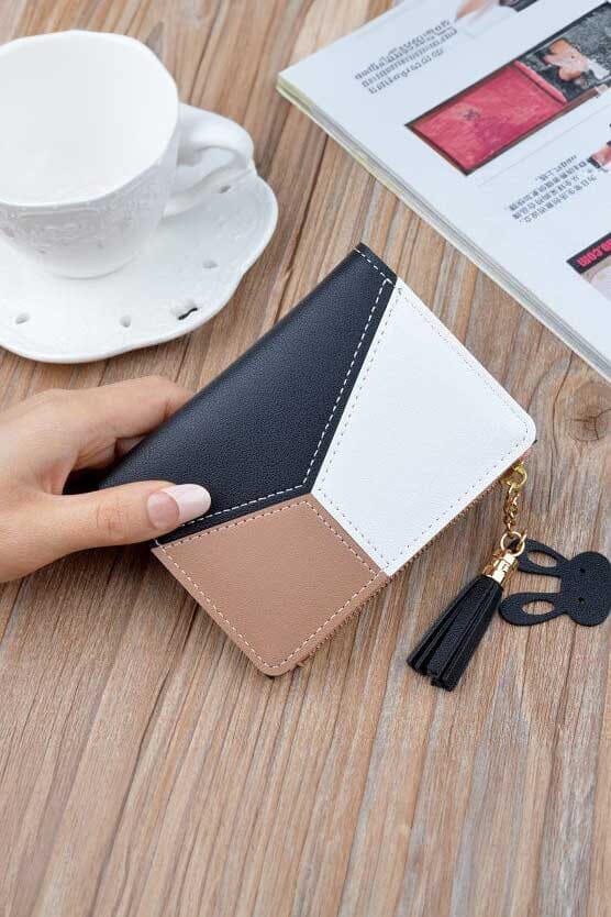 elo Women's Fashion Stitching Contrast Color Wallet Tassel Zipper Coin Purse Black