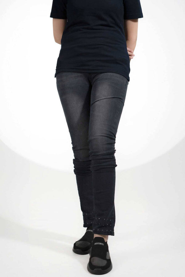 elo Women's Fashionista Bead-Embellished Denim Pants Black