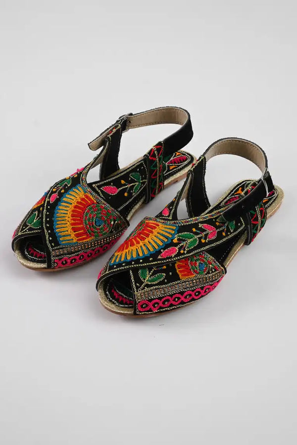 Elo Women's Leaves Embroidered Design Peshawri Chappal Black