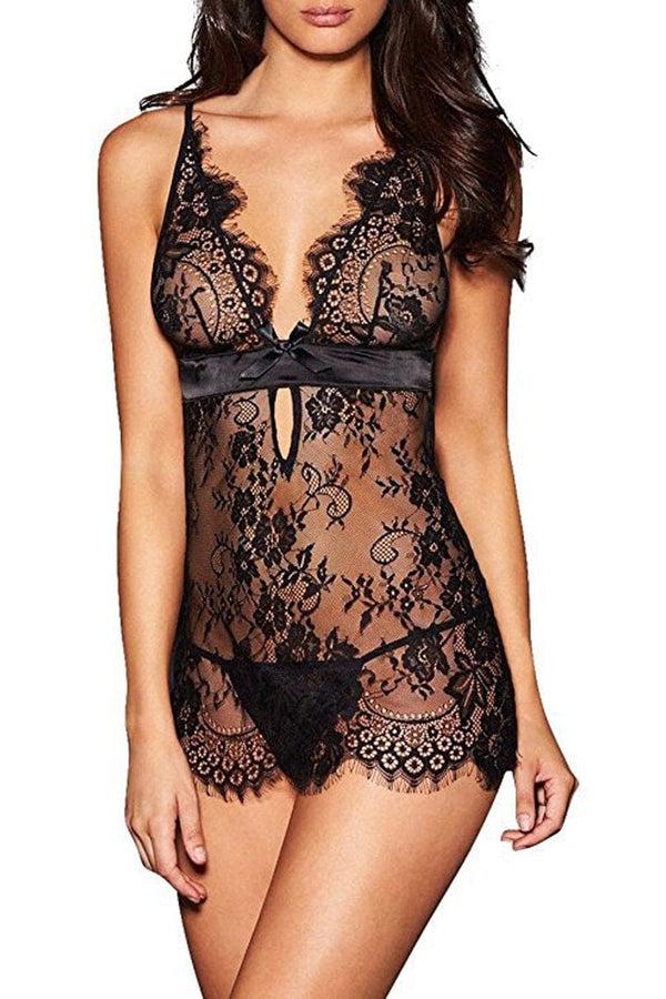 Elo Women's New Sexy Tempting Lace Deep V Backless Suspender Style Night Gown Black