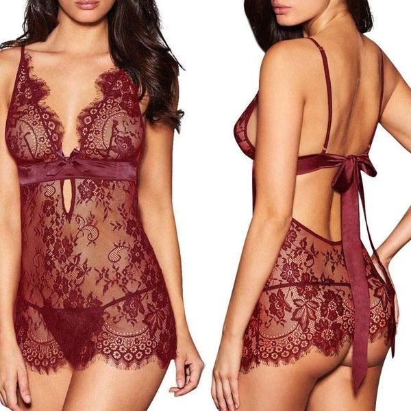 Elo Women's New Sexy Tempting Lace Deep V Backless Suspender Style Night Gown Black