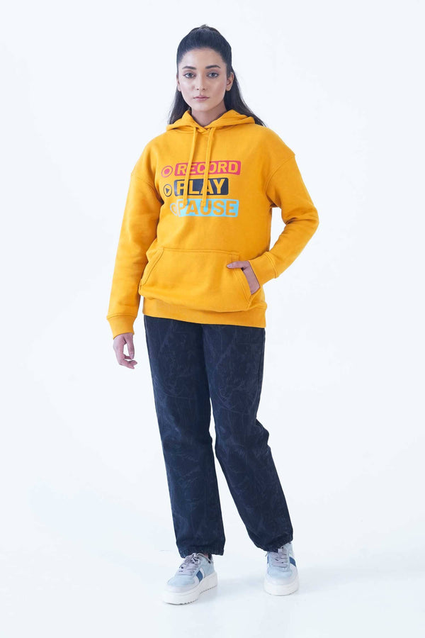 Elo Women's Record Play Pause Printed Pullover Hoodie Mustard
