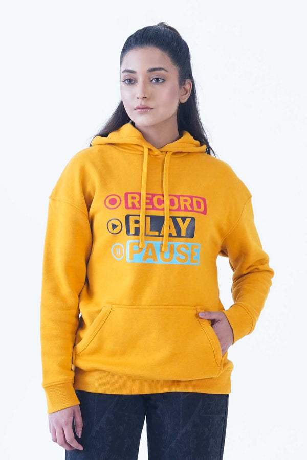 elo Women's Record Play Pause Printed Pullover Hoodie Mustard