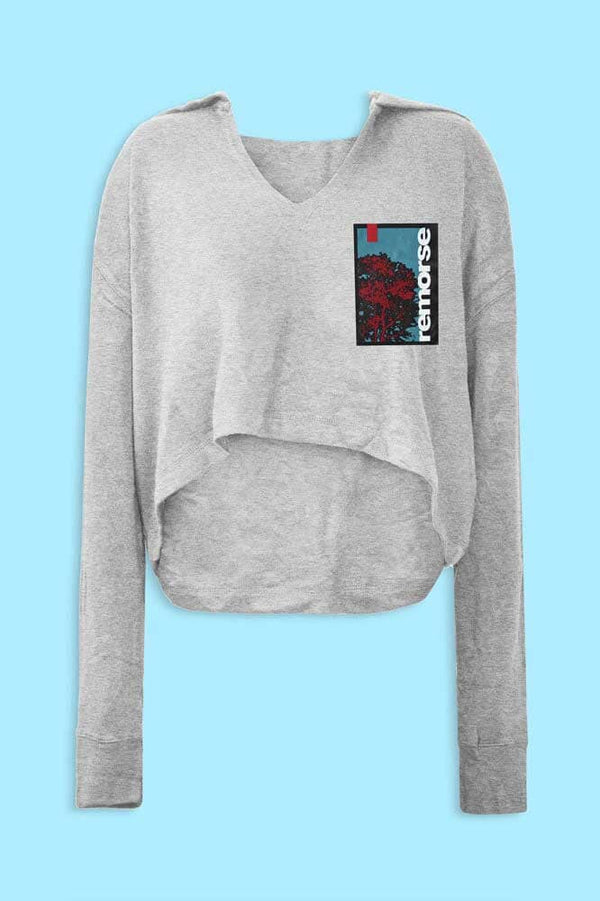 Elo Women's Remorse Printed Crop Top Oversized Fleece Pullover Hoodie Heather Grey
