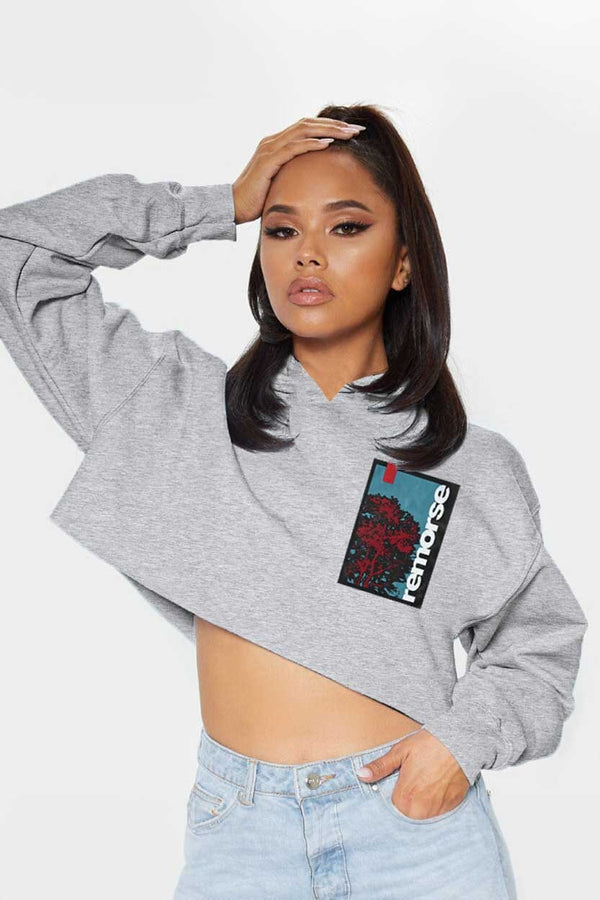 elo Women's Remorse Printed Crop Top Oversized Fleece Pullover Hoodie Heather Grey