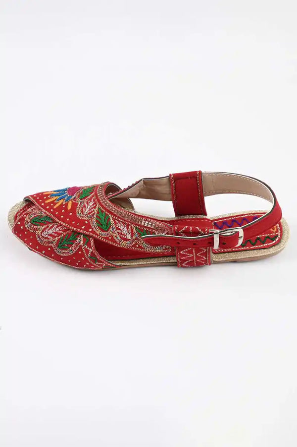Elo Women's Resita Embroidered Design Peshawri Chappal Red