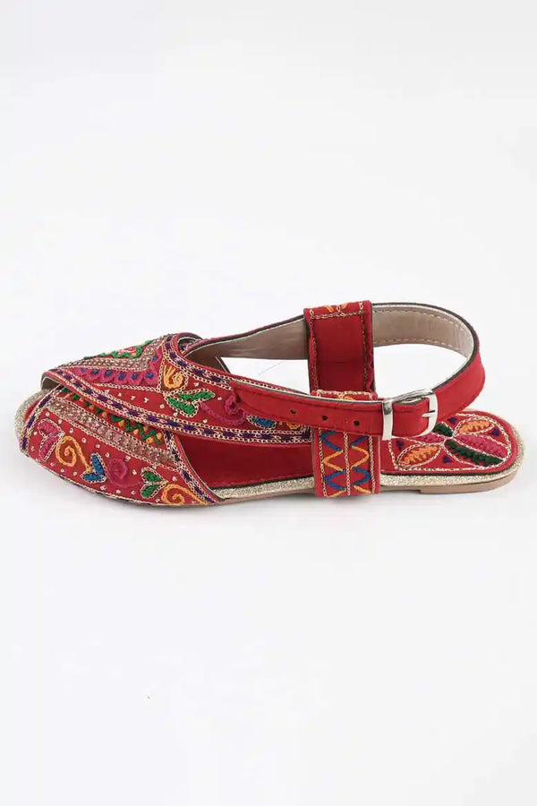 Elo Women's Rijeka Embroidered Design Peshawri Chappal Red