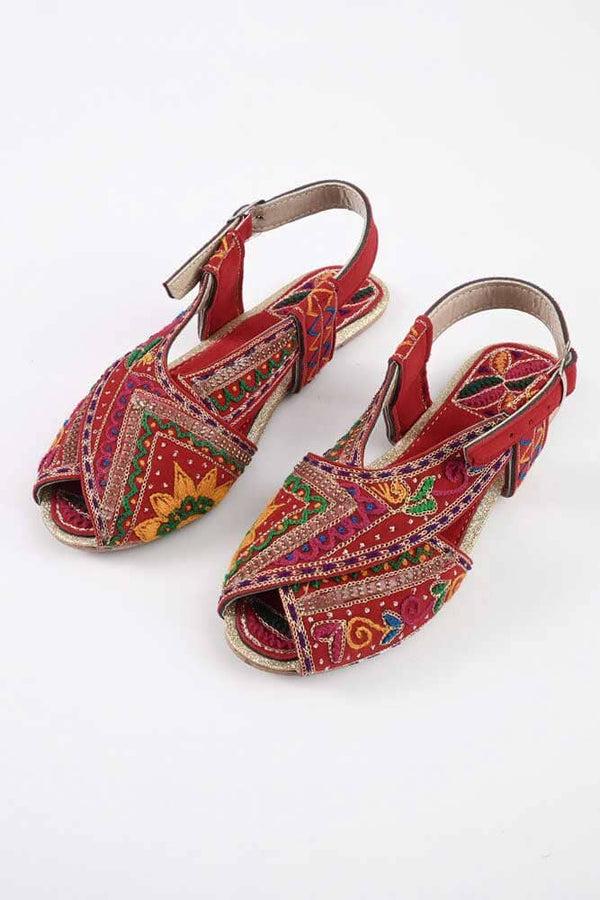 elo Women's Rijeka Embroidered Design Peshawri Chappal Red