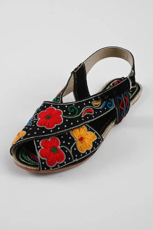 Elo Women's Salamanca Flower Embroidered Design Peshawri Chappal Black