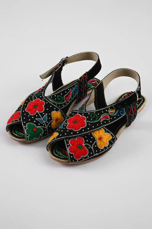 elo Women's Salamanca Flower Embroidered Design Peshawri Chappal Black