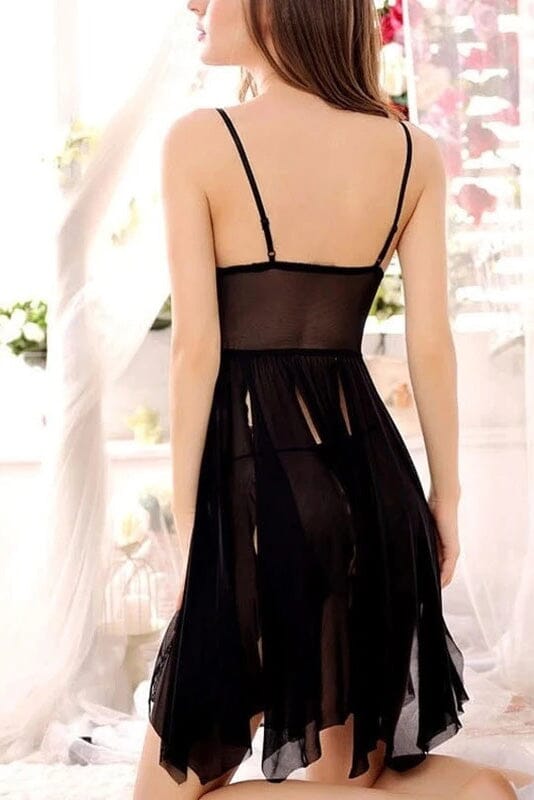 Elo Women's See-Through Mesh Slit Night Dress Black