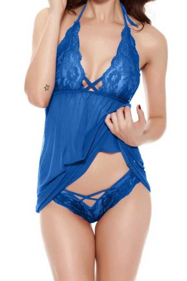 elo Women's See Through Tempting Lace Suspender Style Lace Night Gown Set Blue