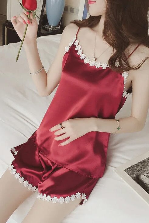 Elo Women's Sexy Ice Silk Pajamas Summer Camisole Shorts Sleepwear Set Black