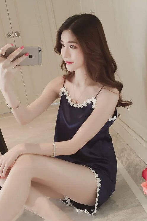 Elo Women's Sexy Ice Silk Pajamas Summer Camisole Shorts Sleepwear Set Black