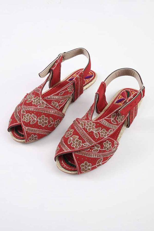 Elo Women's Varazdin Embroidered Design Peshawri Chappal Red