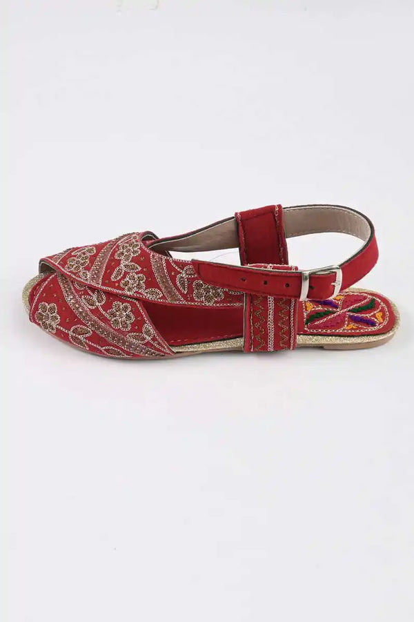 elo Women's Varazdin Embroidered Design Peshawri Chappal Red